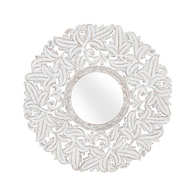 Meadow White Carved Glass Round Wall Mirror