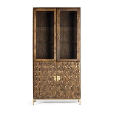 Raya Walnut And Gold Mango Wood 4 Door Geometric Display Cabinet