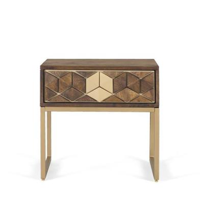Raya Walnut Mango Wood 1 Drawer Geometric Bedside Cabinet