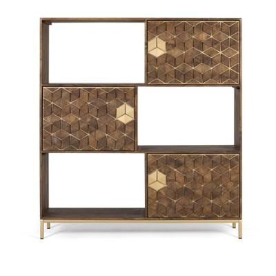 Raya Walnut And Gold Mango Wood 3 Door Geomatric Bookcase