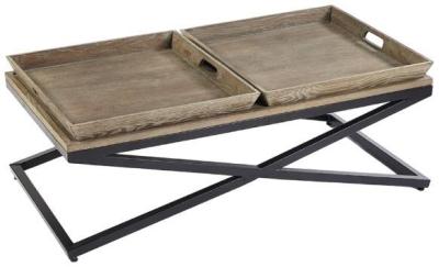 Aged Oak Wood Rectangular 2 Trays Coffee Table