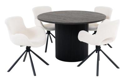 Boavista Dark Brown Round Dining Set With 4 Amorim Offwhite Swivel Chairs