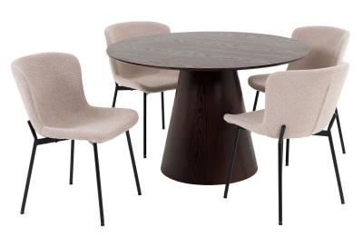 Bolton Dark Brown Round Dining Set With 4 Maceda Beige Chairs