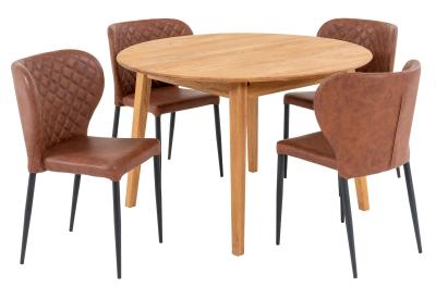 Metz Natural Round Extending Dining Set With 4 Pisa Vintage Brown Chairs