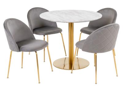 Bolzano White And Gold Round Dining Set With 4 Geneve Grey Chair With Gold Legs