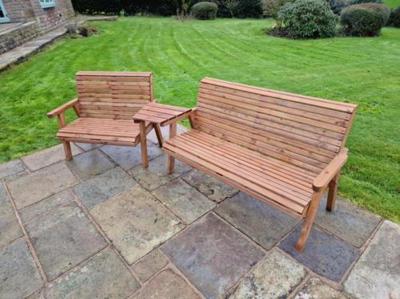Churnet Valley Brown Outdoor 4 Seater Set 1x2 With 1x3 Seat Benches Angled