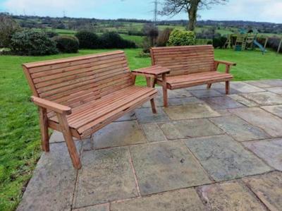 Churnet Valley Brown Outdoor 5 Seater Set 2x3 Seat Benches Angled
