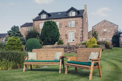 Churnet Valley Brown Outdoor 4 Seater Set 1x2 With 1x3 Seat Benches Angled