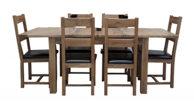 Image of Homestyle GB Rustic Oak Extending Dining Set and 6 Rustic Leather Seat Chairs