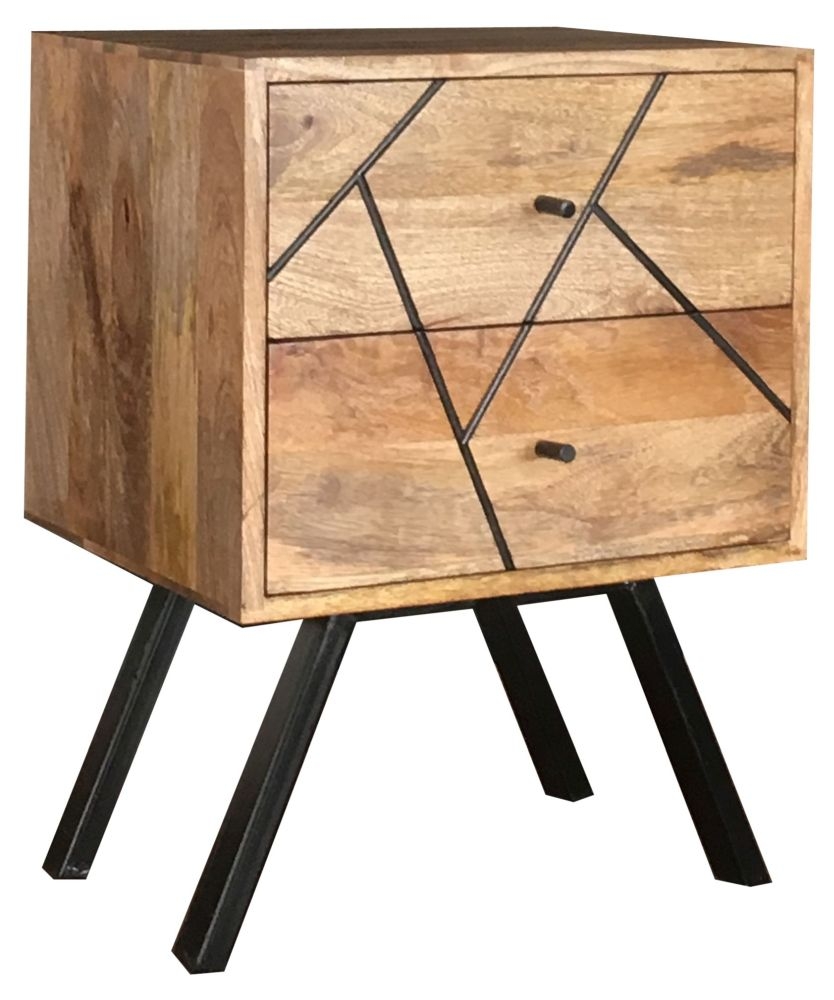 Chamba Mango Wood 2 Drawer Bedside Cabinet with Geomatric Pattern