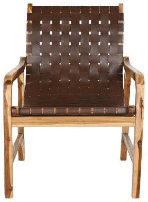 Teak Wood And Brown Leather Armchair