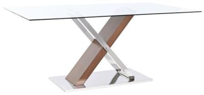 Image of Modern Faux Wood Silver 6 Seater Glass and Chrome Dining Table - Tempered Top