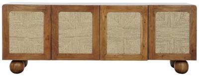 Boho Brown Acacia Wood And Rattan 165cm Large Buffet Sideboard 4 Doors