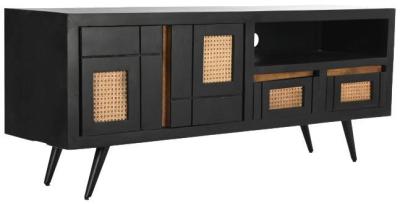 Black Mango Wood And Rattan 1455cm Tv Unit