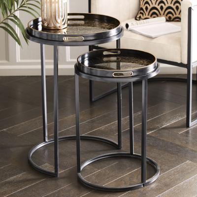 Libra Coral Design Gold And Black Metal Round Side Tray Table Set Of 2