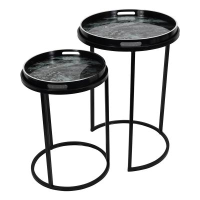 Libra Monochrome Swirl Black Round Side Tray Table Set Of 2