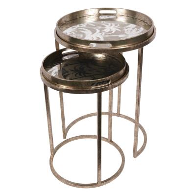 Libra Palm Tree Gold Metal Round Side Tray Table Set Of 2