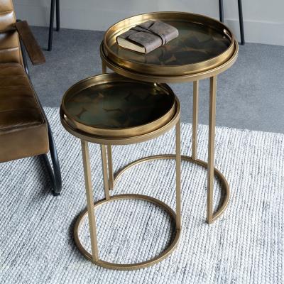 Libra Retro Pattern Gold Metal Round Side Tray Table Set Of 2