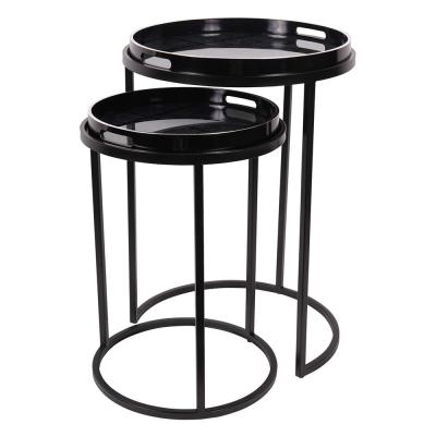 Libra Squares Pattern Black Metal Round Side Tray Table Set Of 2