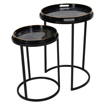 Libra Vesuvius Black Metal Round Side Tray Table Set Of 2