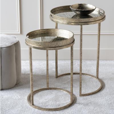 Libra Vienna Gold Diamond Metal Round Side Tray Table Set Of 2