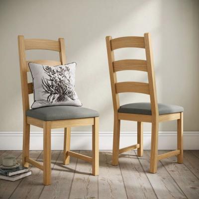 2 X Normandy Oak And Grey Fabric Ladder Back Dining Chair