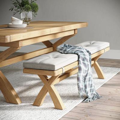 Normandy Oak And Beige Fabric Dining Bench With Cross Leg