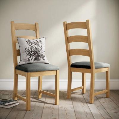 2 X Normandy Oak And Charcoal Fabric Ladder Back Dining Chair