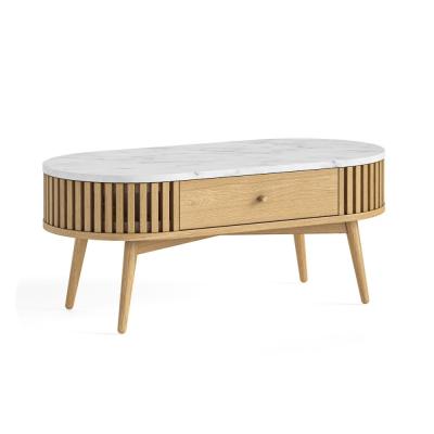 Soho Oak 1 Drawer Slatted Oval Coffee Table White Marble Top