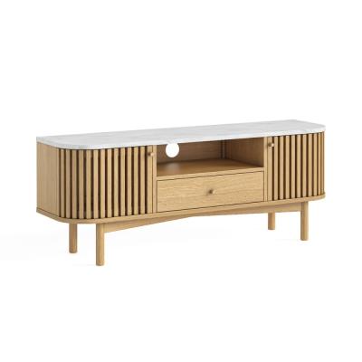 Soho Oak 130cm Slatted Small Storage Tv Unit White Marble Top