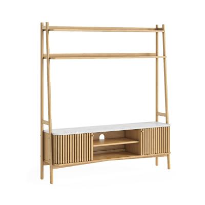 Soho Oak 165cm Slatted Ladder Large Storage Tv Unit White Marble Top