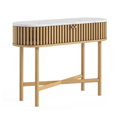 Soho Oak 2 Door Slatted Oval Console Table White Marble Top