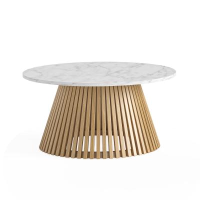 Soho Oak Slatted Round Coffee Table White Marble Top