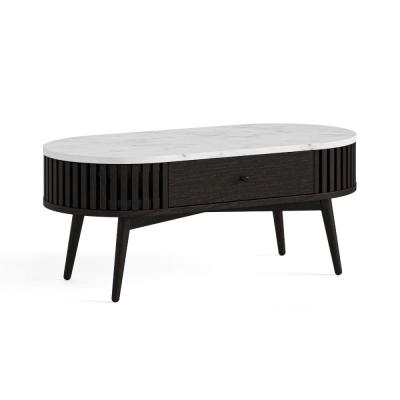 Soho Black 1 Drawer Slatted Oval Coffee Table White Marble Top