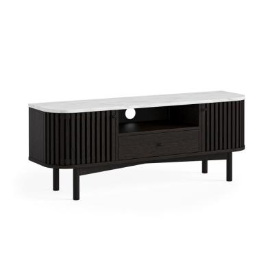 Soho Black 130cm Slatted Small Storage Tv Unit White Marble Top