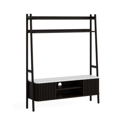 Soho Black Slatted Ladder Storage Tv Unit White Marble Top
