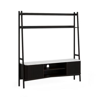 Soho Black 165cm Slatted Ladder Large Storage Tv Unit White Marble Top