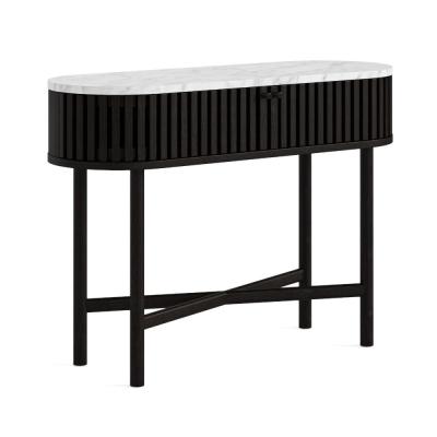 Soho Black 2 Door Slatted Oval Console Table White Marble Top