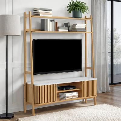 Soho Oak TV Unit - Ladder - Slatted Storage - White Marble Top
