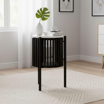 Soho Black Side Table - 1 Door - Slatted Story Round - White Marble Top