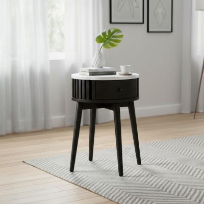 Soho Black Side Table - 1 Drawer - Slatted Round - White Marble Top