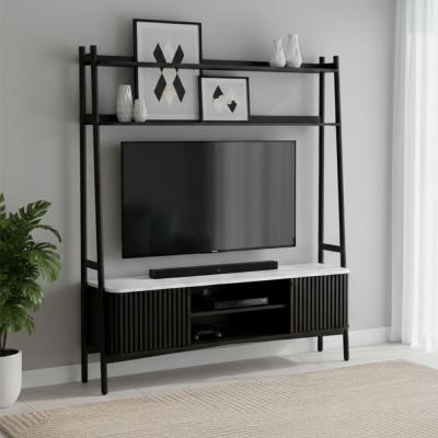 Soho Black TV Unit - 165cm - Slatted Ladder Large Storage - White Marble Top