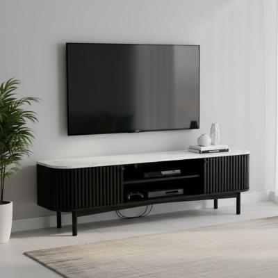 Soho Black TV Unit - 180cm - Slatted Large Storage - White Marble Top