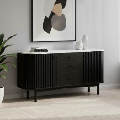 Soho Black Sideboard - 2 Door - Slatted Medium - 140cm - White Marble Top