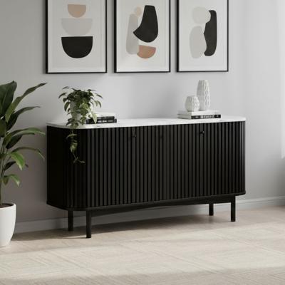 Soho Black Sideboard - 4 Door - Slatted Large - 162cm - White Marble Top