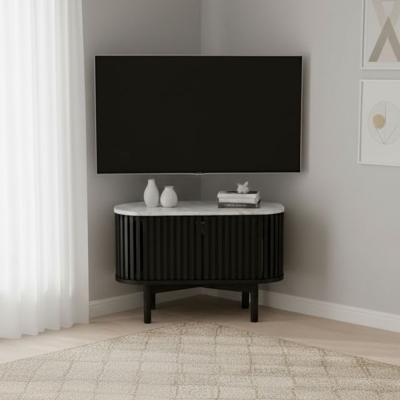 Soho Black TV Unit - Slatted Corner Storage - White Marble Top
