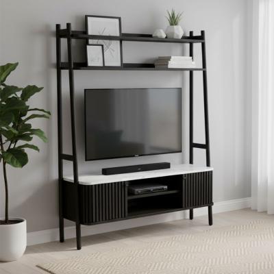 Soho Black TV Unit - Slatted Ladder Storage - White Marble Top