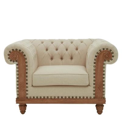 Cabra Cream Fabric and Mahogany Wood Chesterfield Armchair
