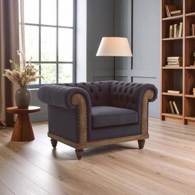 Cabra Graphite Grey Fabric and Mahogany Wood Chesterfield Armchair