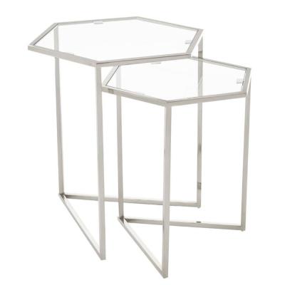 Herber Nest of 2 Tables - Hexagon - Clear Glass with Silver Metal